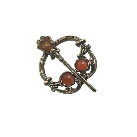 Faux Carnelian Glass Stones Tara Style Celtic Brooch Pin Gold Tone Vintage - Picture 1 of 4